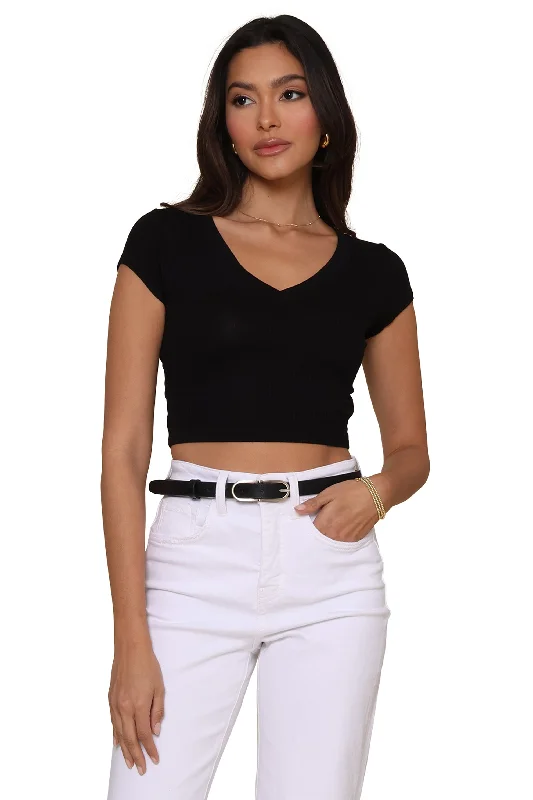 CroptopstyleRibbed V Neck Cropped Tee