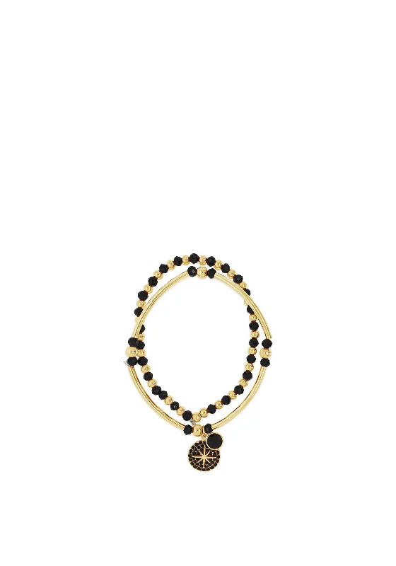 Absolute Black Beaded Bracelet Set of 2, Gold