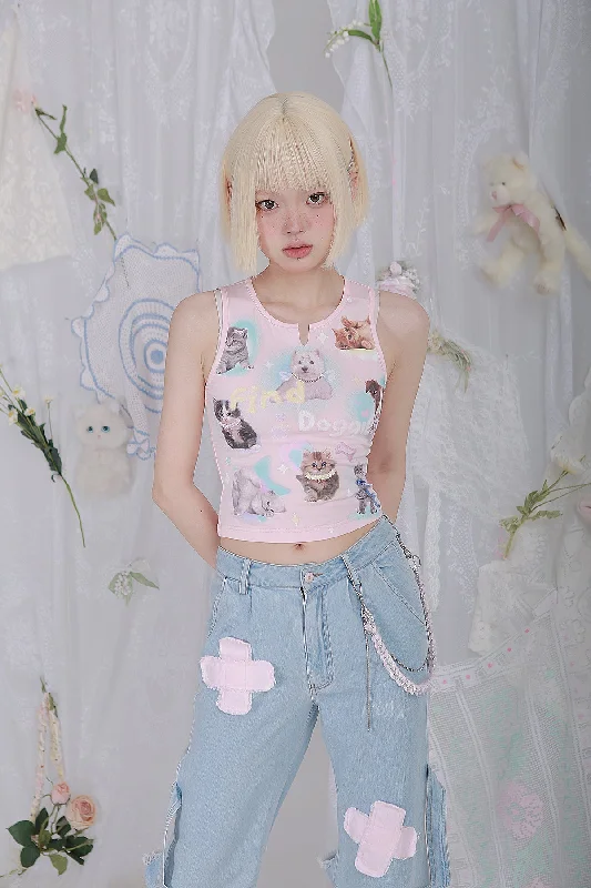 Croptopdye[Rose Island] Find Doggies Crop Top