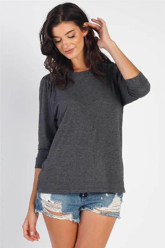 CrewneckstripesCharcoal Textured Crew Neck Midi Sleeve Knit Top