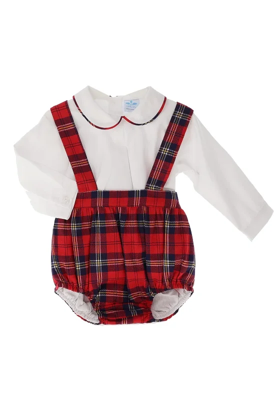 Sardon Baby Tartan Dungaree Two Piece Set, Red & White