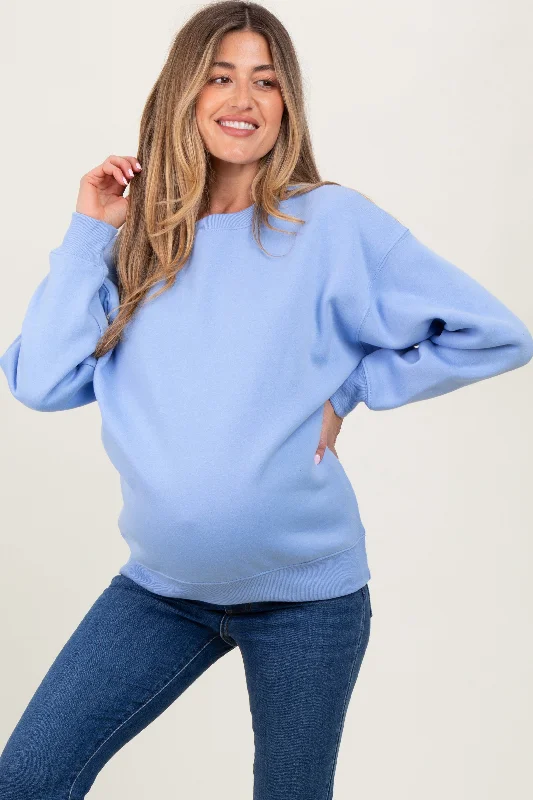 Light Blue Basic Fleece Crewneck Maternity Sweatshirt