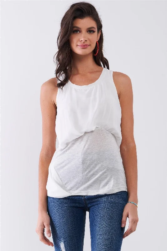 CrewneckcloudWhite & Grey Combined Sleeveless Crew Neck Uneven Top /1-2-2-1