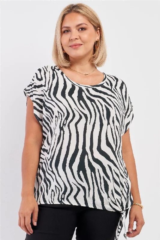 CrewneckshirtJunior Plus Black & White Zebra Print Sleeveless Self-Tie Detail Relaxed Fit Crew Neck Top /3-2-1