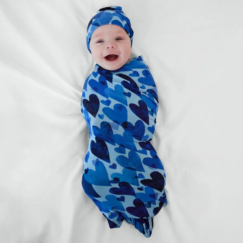 Blue Hearts & Crafts Swaddle & Hat Set