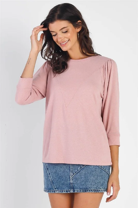 CrewneckpatternPink Textured Crew Neck Midi Sleeve Knit Top