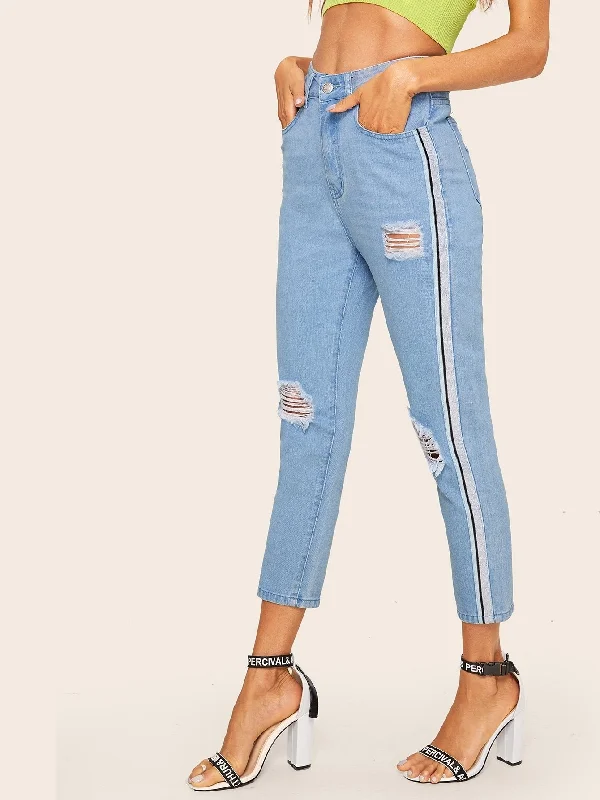 CroptopnetworkRipped Detail Side Striped Tape Crop Jeans