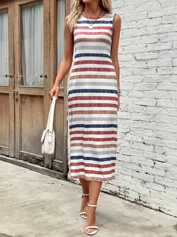 Slit Striped Round Neck Tank DressTrail jacket