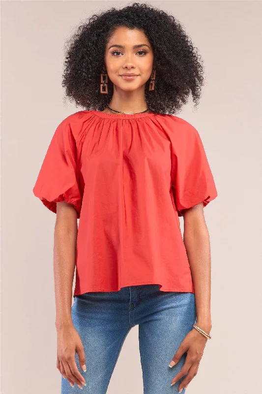 CrewneckstartupApple Red Solid Loose Fit Crew Neck Puff Sleeve Detail Top /1-1-2-1