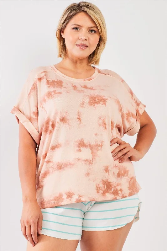 CrewneckstyleJunior Plus Light Marsala Tie-Die Crew Neck Short Folded Sleeve Top /3-2-1