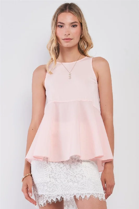 CrewneckmemoryBlush Pink Combo Sleeveless Crew Neck Flare Babydoll Top /1-2-3