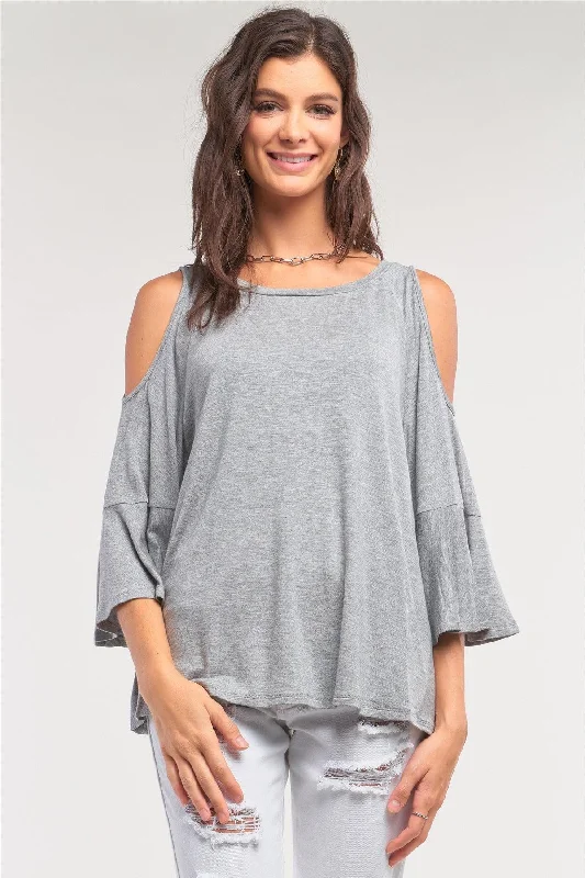 CrewneckanalyticsGrey Cut-Out Shoulder Midi Sleeve Relaxed Fit Crew Neck Top /1-2-2-1