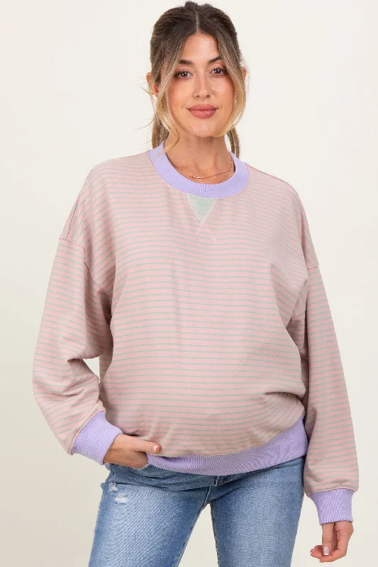 Light Pink Striped Crew Neck Oversized Maternity Sweatshirt