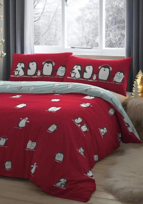 Fusion Reversible Snowy Penguin King Duvet Set, Red & Grey