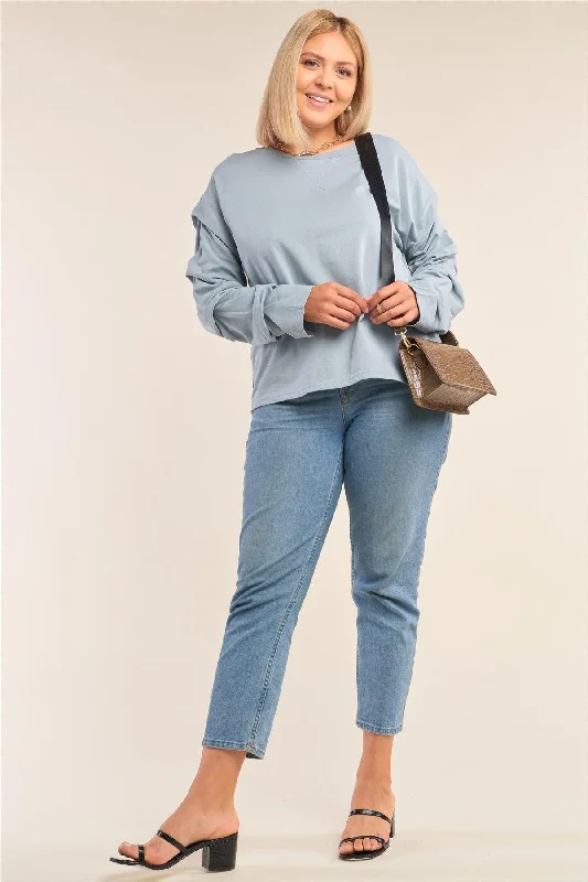 CrewneckcryptoJunior Plus Size Sage Relaxed Fit Crew Neck Long Gathered Sleeve Detail Top /1-3-2