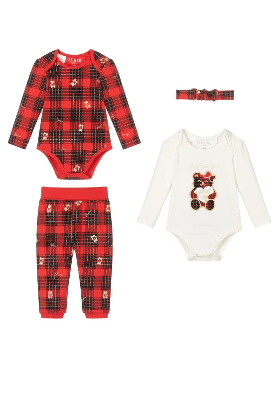 Guess Baby Girl 4 Piece Tartan Gift Set, Red