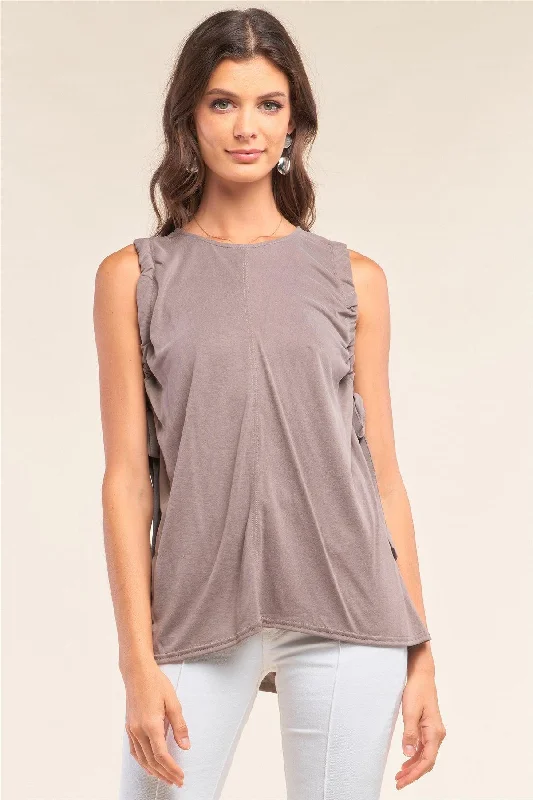 CrewneckexperienceStone Gray Sleeveless Drawstring Detail Crew Neck Relaxed Fit Tunic Top /1-2-2-1