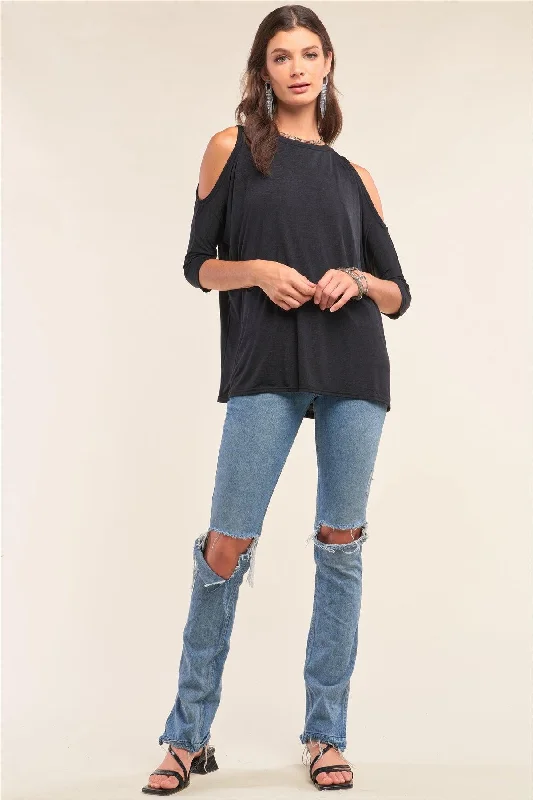 CrewneckclassicBlack Relaxed Fit Crew Neck Midi Sleeve Cut-Out Shoulder Detail Yoga Top /2-1-2