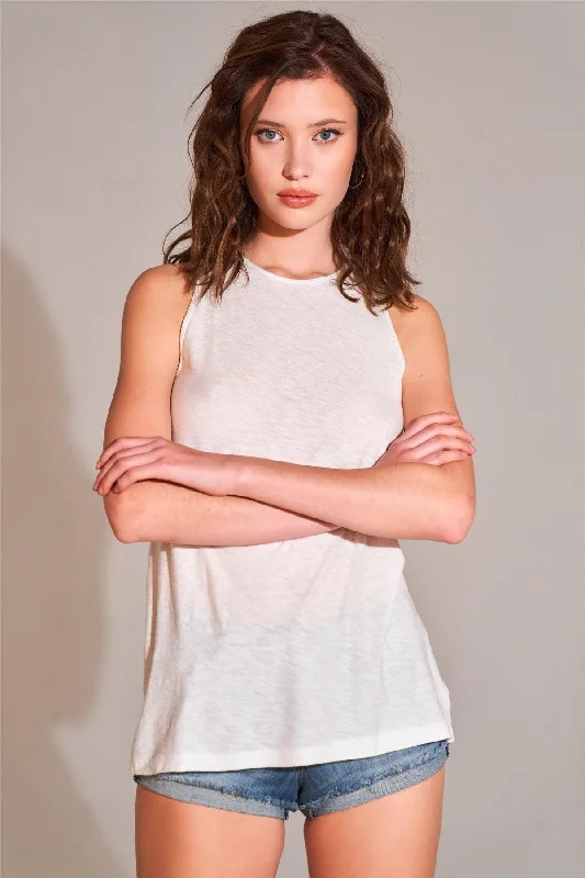 CrewneckmodernWhite Sleeveless Crew Neck Cut-Out Back Detail Longline Tank Top /1-2-2-2