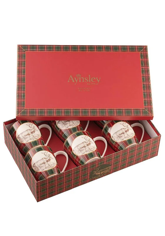 Aynsley Tartan Reindeer Set of 6 Mugs, Red