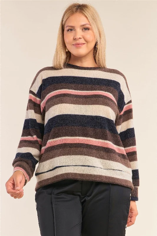 CrewneckvrJunior Plus Size Striped Print Relaxed Fit Crew Neck Sweater /2-2-1-1