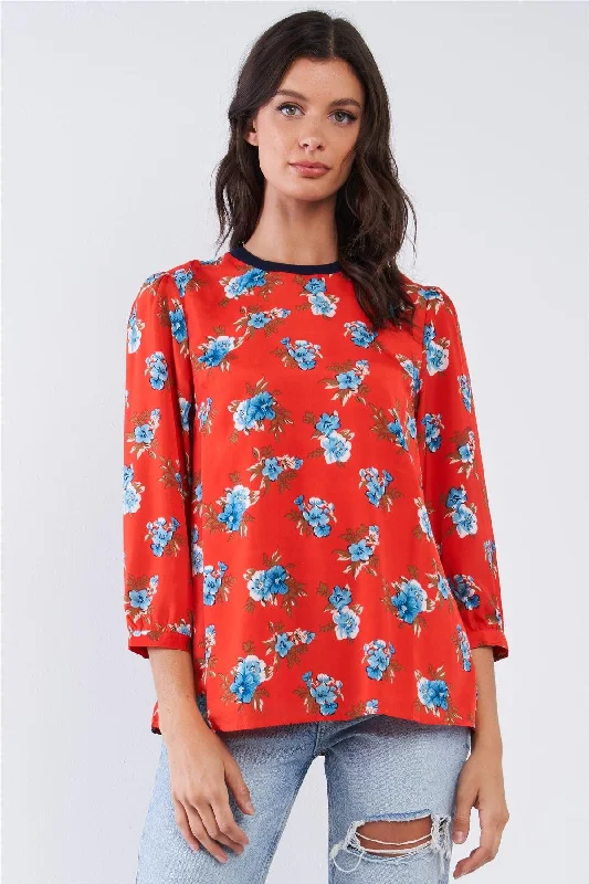 CrewneckwoolCherry Red Blue Floral Print Mid Sleeve Navy Crew Neck Lose Fit Top