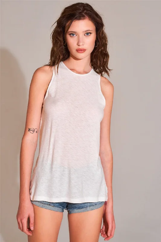 CrewneckminimalWhite Sleeveless Crew Neck Cut-Out Back Detail Longline Tank Top /2-2-2-1