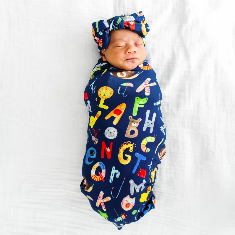 Navy Alphabet Friends Swaddle & Headband Set