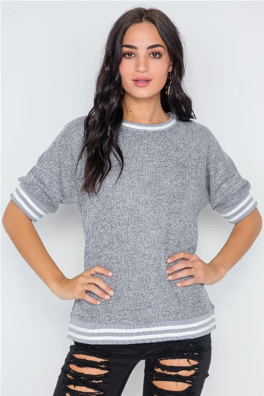 CrewneckmemoryCharcoal Stripe Contrast Trim Crew Neck Top