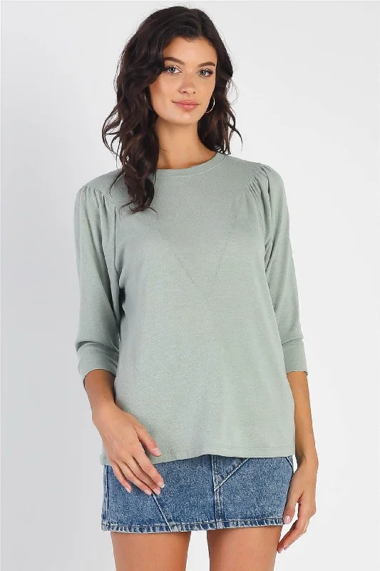 CrewneckprintSage Textured Crew Neck Midi Sleeve Knit Top