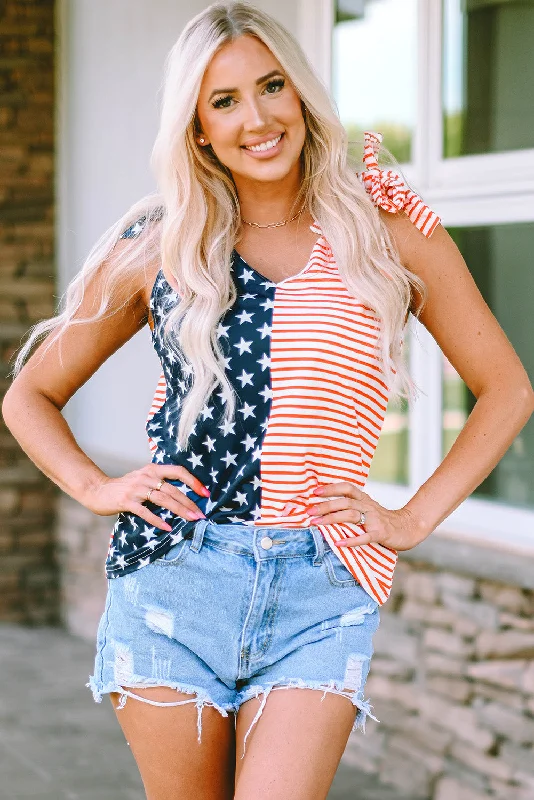 Star and Stripe V-Neck Bow Detail TankMesh tee