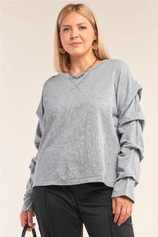 CrewneckcottonJunior Plus Size Heather Grey Relaxed Fit Crew Neck Long Gathered Sleeve Detail Top /2-2-1