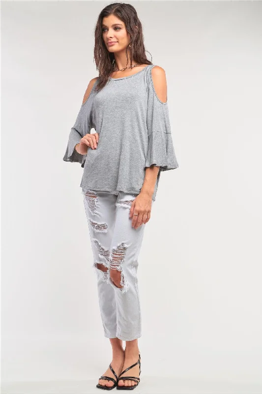 CrewneckdataGrey Cut-Out Shoulder Midi Sleeve Relaxed Fit Crew Neck Top /1-3-2-1