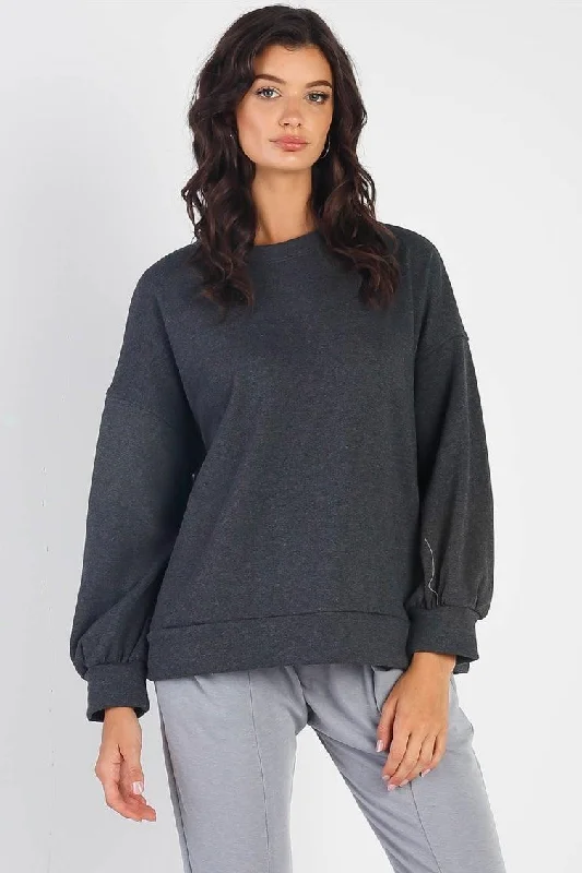 CrewneckplainCharcoal Long Balloon Sleeve Crew Neck Top /1-1-1