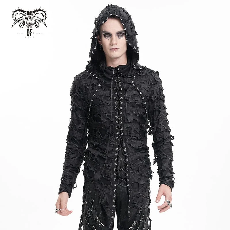 Men's Gothic Ripped Lace-up Studs Hoodies