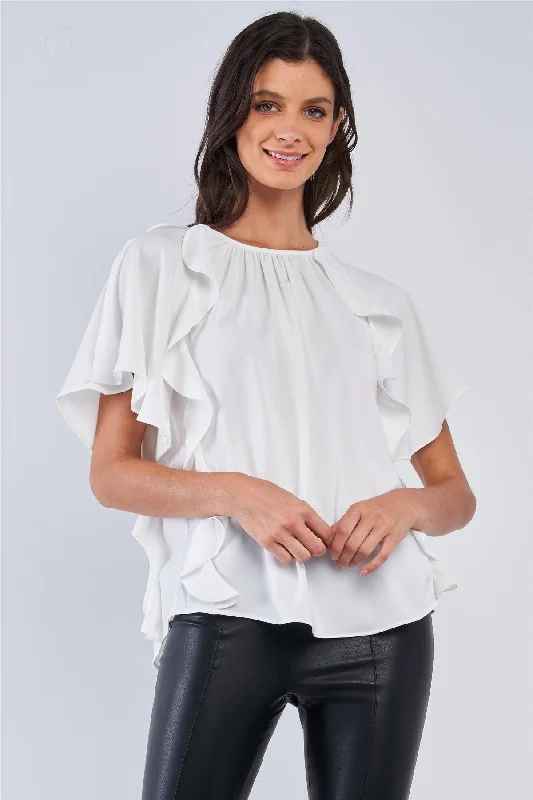 CrewneckprideWhite Relaxed Fit Sleeveless Crew Neck One Shoulder Self-Tie Detail Mini Angel Wing Sleeve Ruffle Tunic Top /1-2-2-1