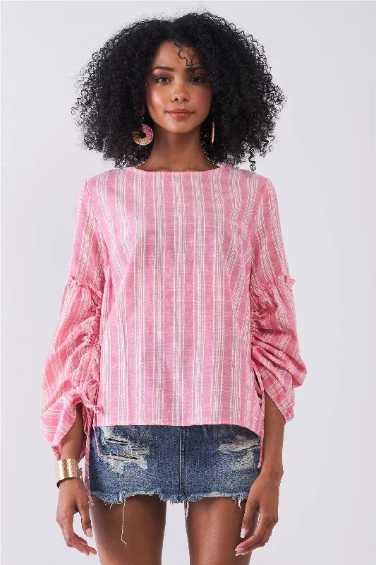 CrewneckinnovationRed Striped Crew Neck Long Gathered Sleeve Back Keyhole Top /1-2-2-1