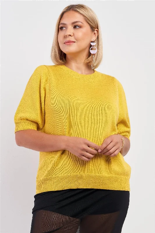 CrewneckfabricJunior Plus Yellow Ribbed Knit Short Puff Sleeve Crew Neck Sweater /1-2-2-1