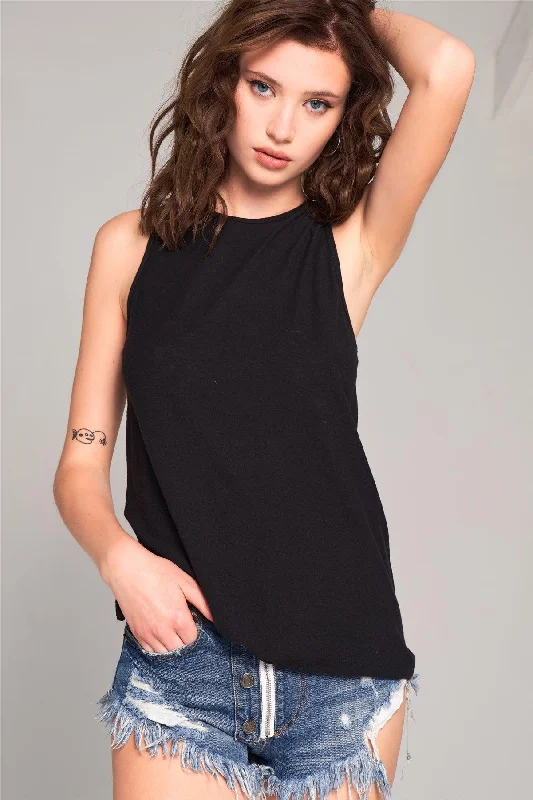 CrewneckchicBlack Sleeveless Crew Neck Cut-Out Back Detail Longline Tank Top /1-2-2-1