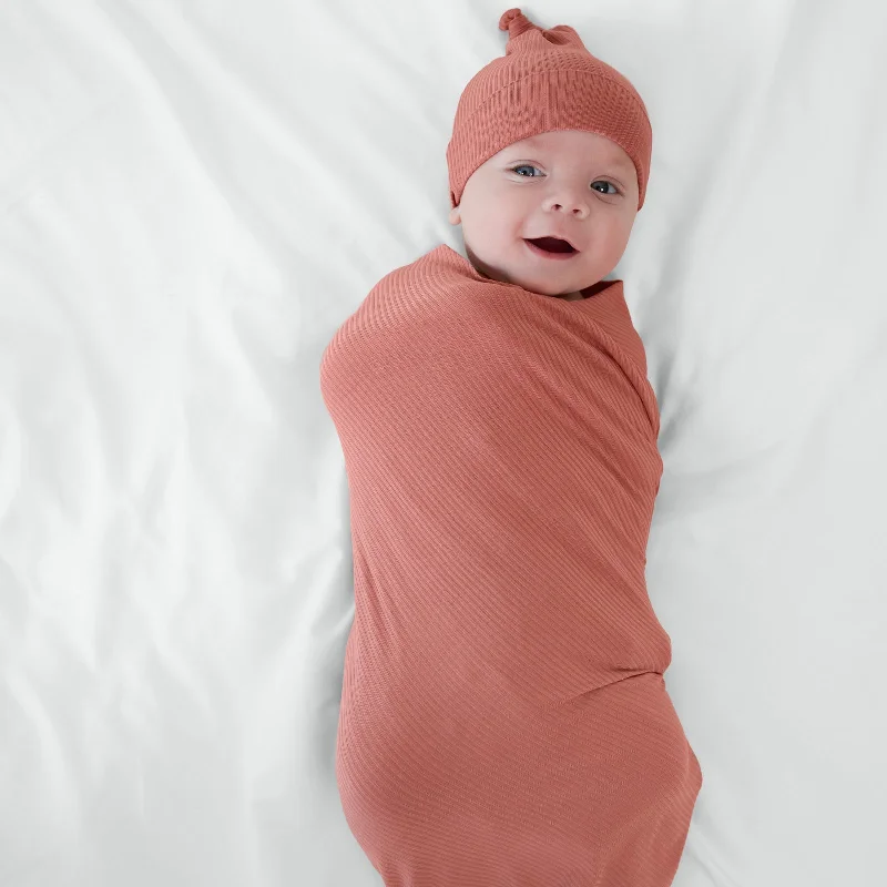 Clay Ribbed Swaddle & Hat Set