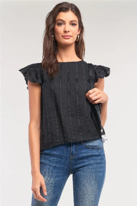 CrewneckvirtualBlack Striped Short Wing Sleeve Crew Neck Contrast Back Lining Lace Up Top /1-2-2