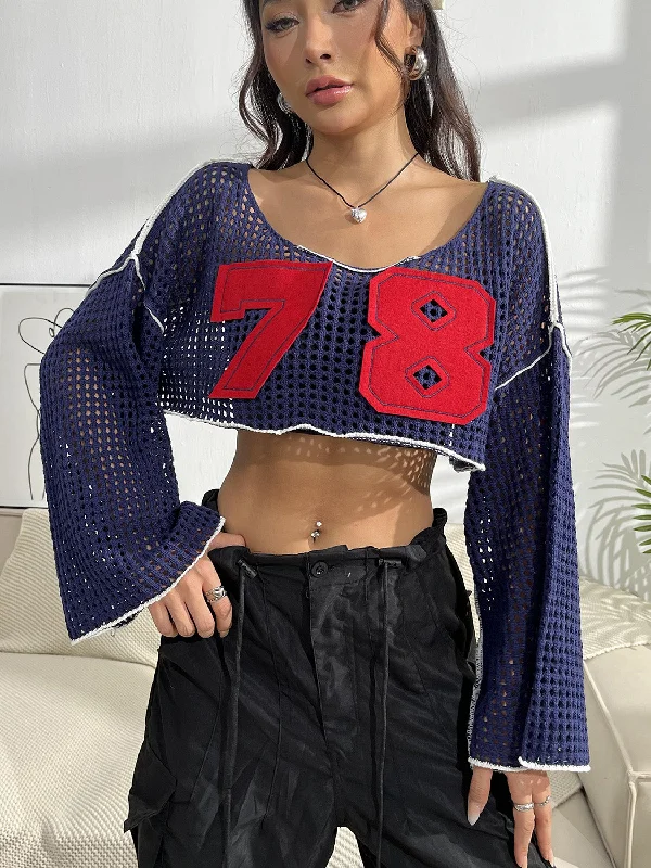 CroptopstripesContrast Patches Long Sleeve Cropped Knit Top