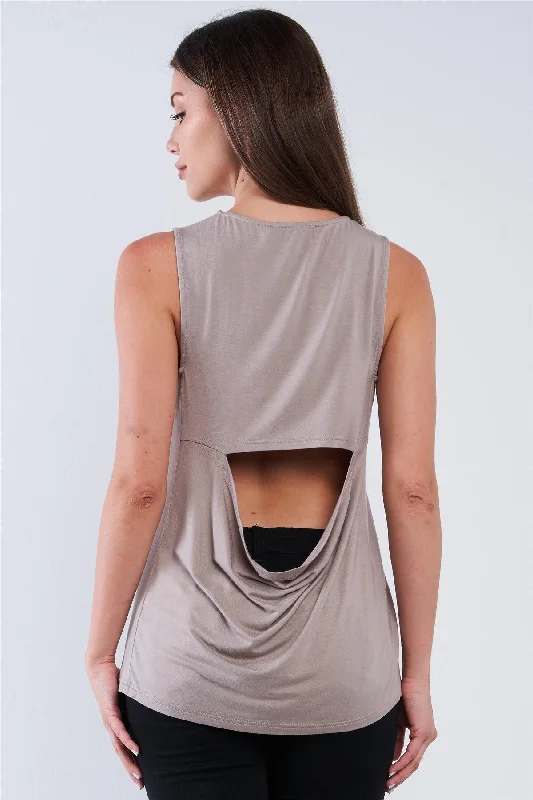 CrewnecksoftTaupe Grey Cut Out Back Relaxed Fit Crew-Neck Sleeveless Casual Tunic Top /1-2-2-1