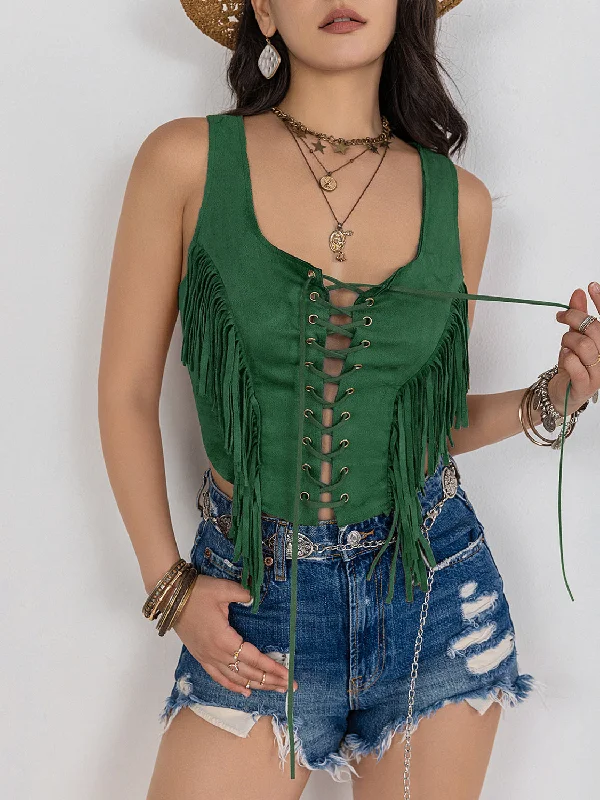 Fringe Lace-Up Wide Strap TankLightweight hoodie