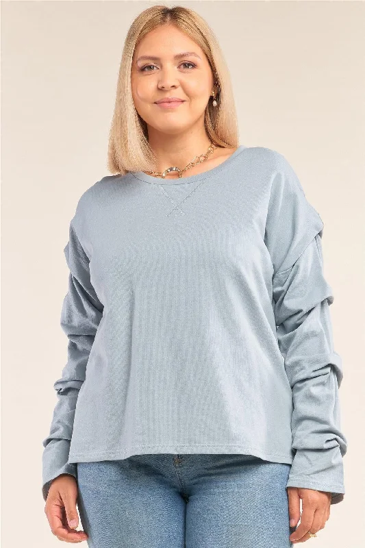 CrewneckwebJunior Plus Size Sage Relaxed Fit Crew Neck Long Gathered Sleeve Detail Top /3-2-1