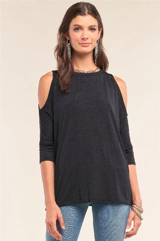 CrewnecklegendBlack Relaxed Fit Crew Neck Midi Sleeve Cut-Out Shoulder Detail Yoga Top /1-2-2-1