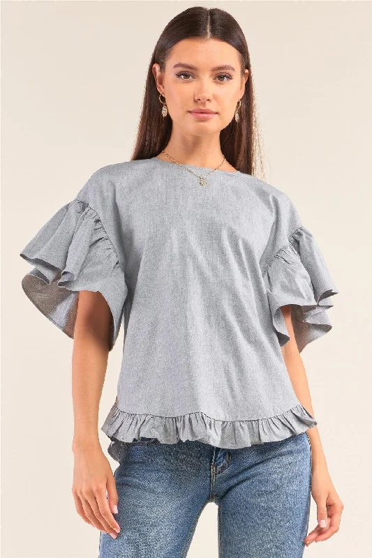 CrewneckgadgetGrey Relaxed Fit Crew Neck Posh Flare Sleeve Back Lace Tie-Up Detail Ruffle Hem Top /1-2-2-1