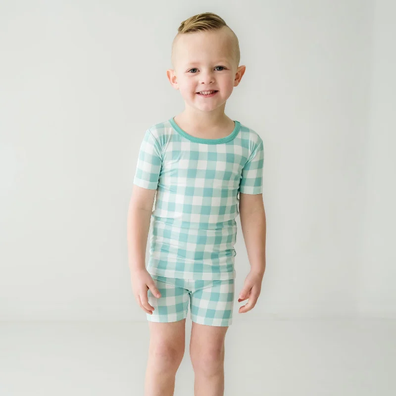 Aqua Gingham Two-Piece Short Sleeve & Shorts Pajama Set