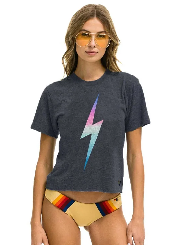 Organic Cotton T-ShirtsAviator Nation Women's Bolt Boyfriend Tee - Heather Grey Rainbow Pink