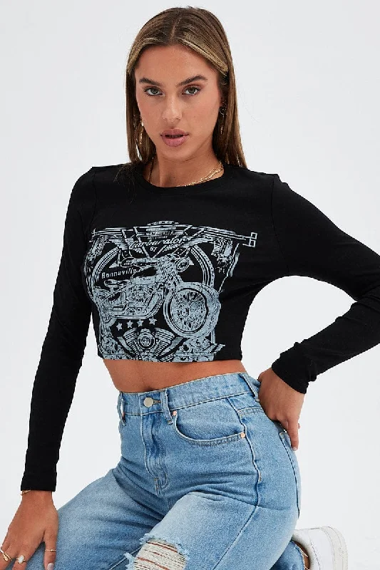 Fringed T-ShirtsBlack Tee Round Neck Graphic Print